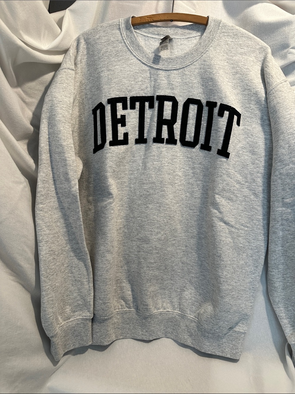 Gildan Gray Crewneck Sweatshirt with Black "DETROIT" Patch Appliqué.
